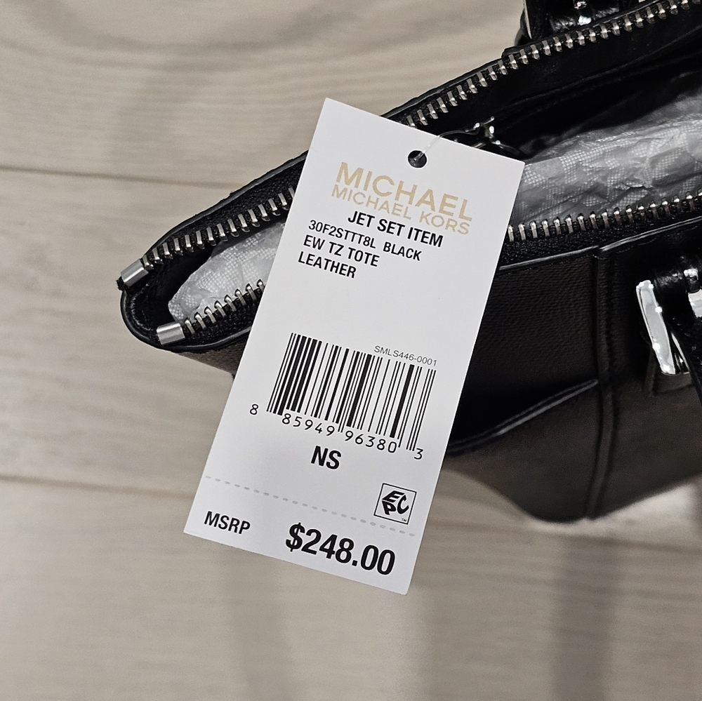 *NEW* Michael Kors Jet Set Saffiano Leather Top-Zip Tote Bag Bag (Black) - Picture 7 of 7